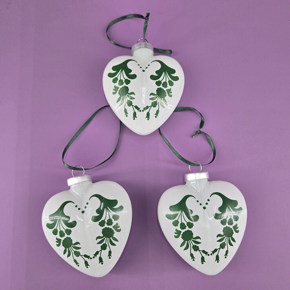 3 Glass Heart Hanging Ornaments Frosted White W/ Green Filigree Flowers